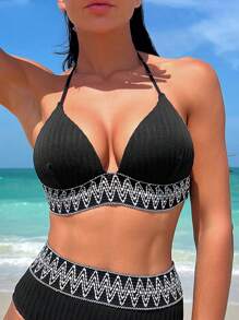 SHEIN Swim Top bikini triángulo geométrico cinta halter - Negro - Ver 2