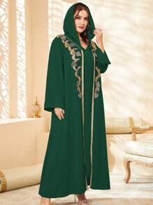 Al Najma Plus Paisley Embroidery Hooded Abaya Set Kaftan Jalabiya Dress - Dark Green - View 1
