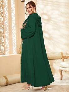 Al Najma Plus Paisley Embroidery Hooded Abaya Set Kaftan Jalabiya Dress - Dark Green - View 4