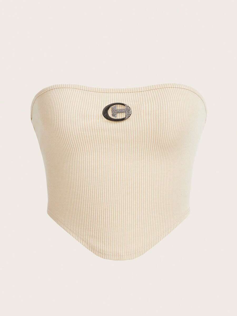 SHEIN EZwear 條紋針織水鑽圓環裝飾頭巾下擺短款抹胸上衣