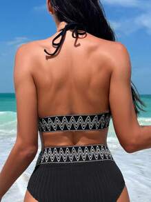 SHEIN Swim Top bikini triángulo geométrico cinta halter - Negro - Ver 3