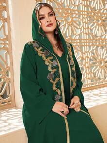 Al Najma Plus Paisley Embroidery Hooded Abaya Set Kaftan Jalabiya Dress - Dark Green - View 5