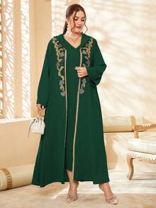 Al Najma Plus Paisley Embroidery Hooded Abaya Set Kaftan Jalabiya Dress - Dark Green - View 6