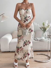 SHEIN Privé 印花前繫帶繞頸露背魚尾裙下擺吊帶洋裝 - 杏色 - 查看 3