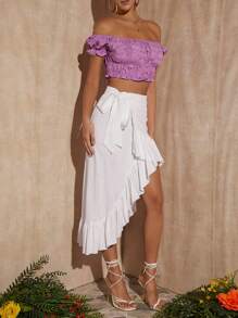 SHEIN VCAY Falda cruzada unicolor con cordón lateral bajo con fruncido - Blanco - Ver 5