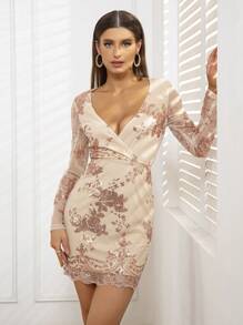 D&M 花卉圖案亮片網紗緊身連衣裙 - 杏色 - 查看 1