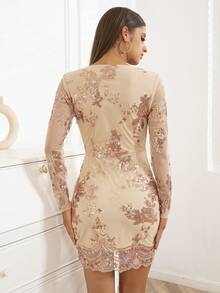 D&M 花卉圖案亮片網紗緊身連衣裙 - 杏色 - 查看 2