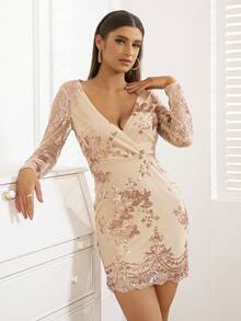 D&M 花卉圖案亮片網紗緊身連衣裙 - 杏色 - 查看 5