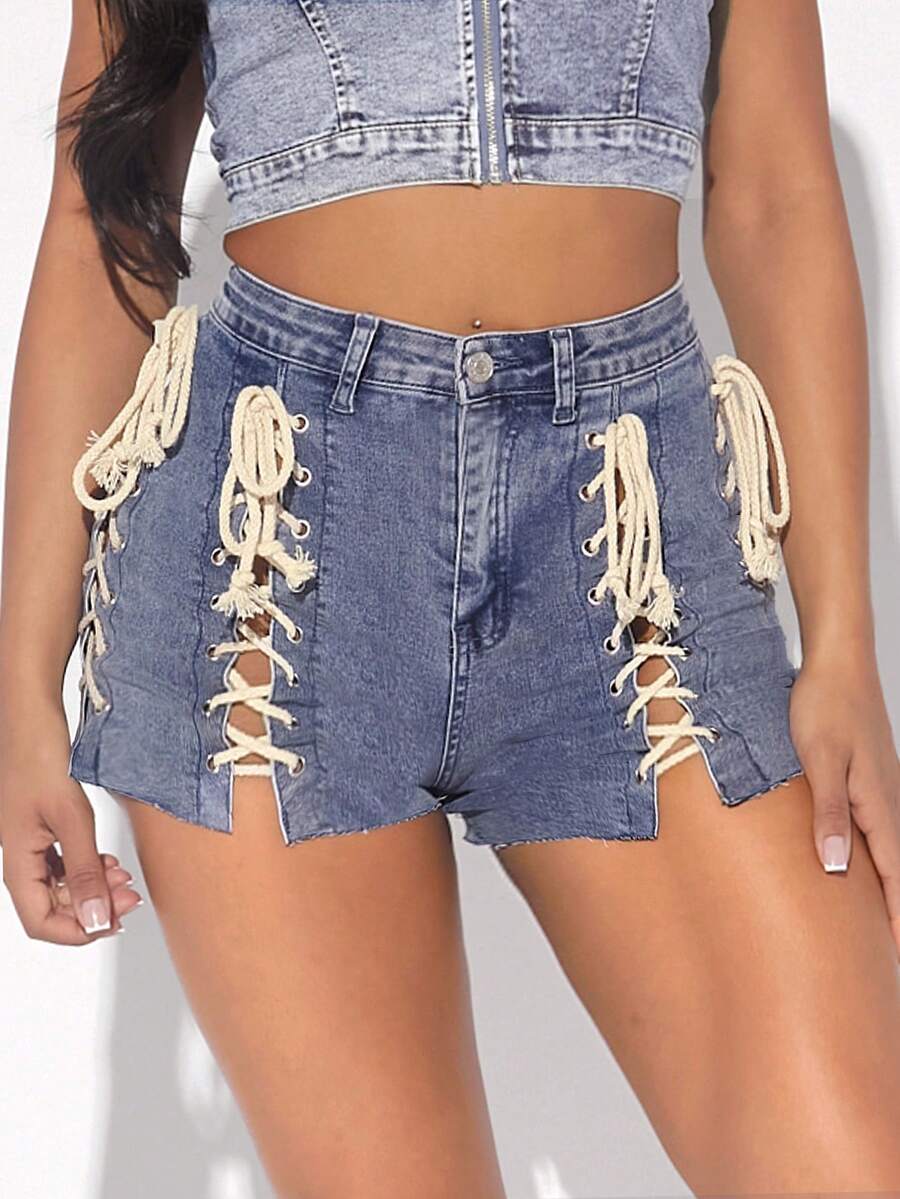 燈藍色繫帶牛仔短褲 - 中等水洗藍 - 查看 1