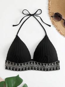 SHEIN Swim Top bikini triángulo geométrico cinta halter - Negro - Ver 4