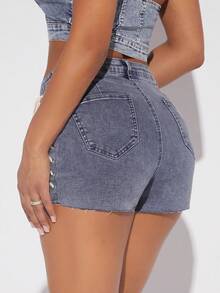 燈藍色繫帶牛仔短褲 - 中等水洗藍 - 查看 2