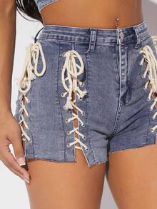 燈藍色繫帶牛仔短褲 - 中等水洗藍 - 查看 5