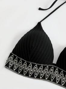 SHEIN Swim Top bikini triángulo geométrico cinta halter - Negro - Ver 6