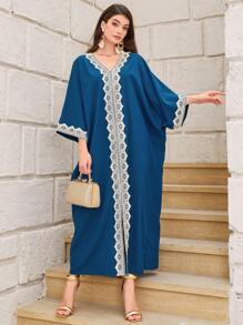 Al Najma Contrast Lace Batwing Sleeve Kaftan - Navy Blue - View 1