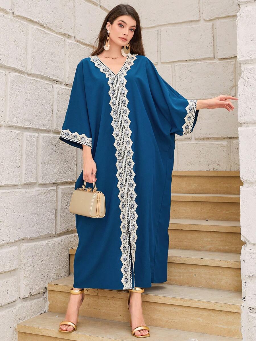 Al Najma Contrast Lace Batwing Sleeve Kaftan - Navy Blue - View 1