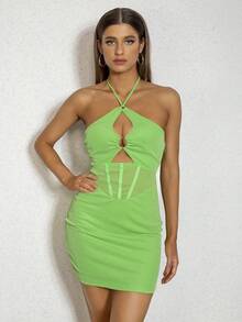 D&M Đầm Lộ Lưng Tương phản Mesh Cắt ra Buộc lại màu trơn Gợi cảm - màu xanh lá - Xem 1