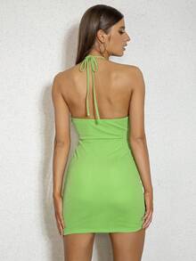 D&M Đầm Lộ Lưng Tương phản Mesh Cắt ra Buộc lại màu trơn Gợi cảm - màu xanh lá - Xem 2