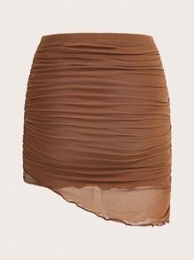 SHEIN ICON Lettuce Trim Ruched Mesh Overlay Asymmetrical Hem Bodycon Summer Skirt