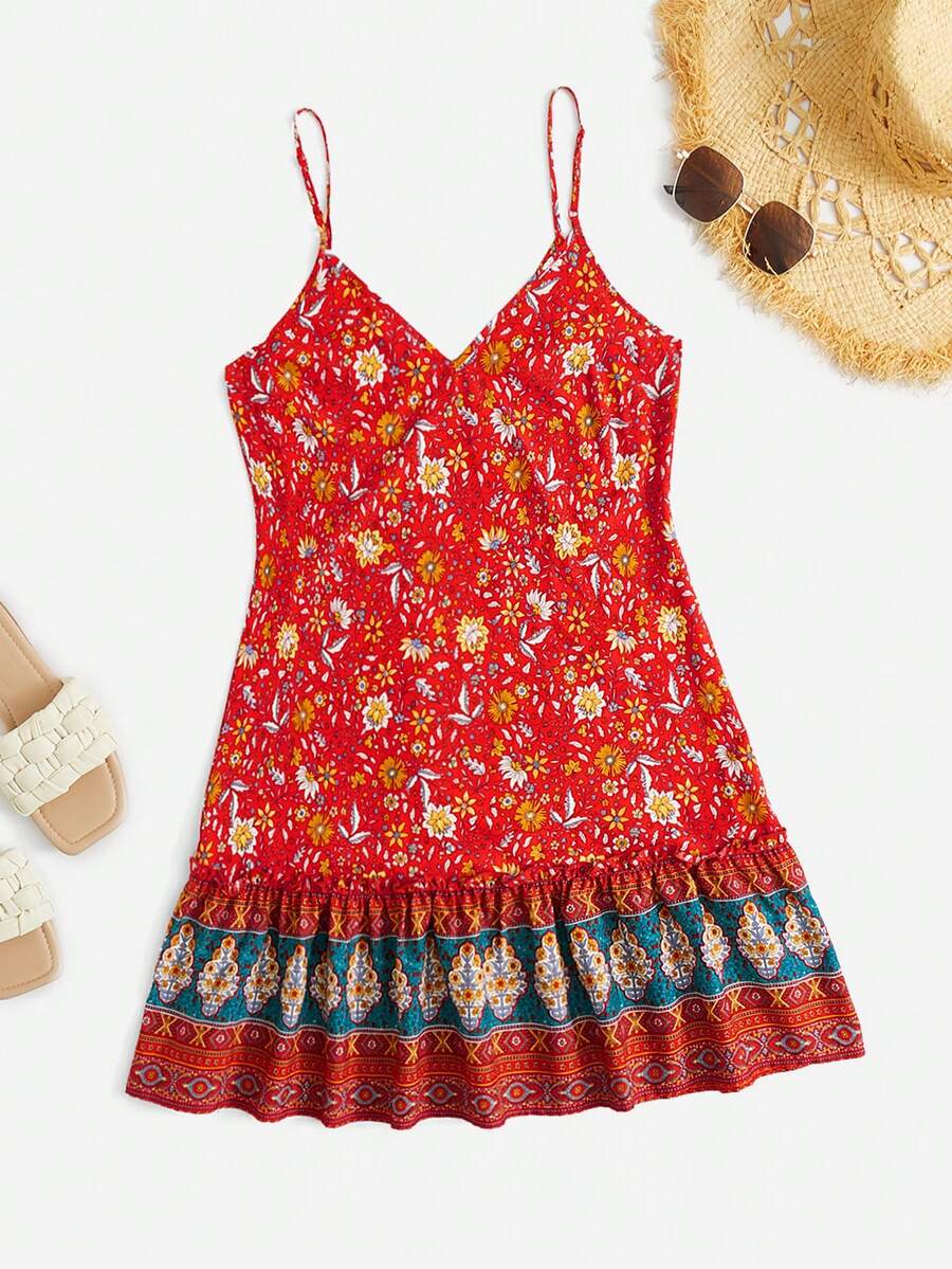 SHEIN VCAY 印花荷葉邊吊帶連衣裙 - 彩色 - 查看 1