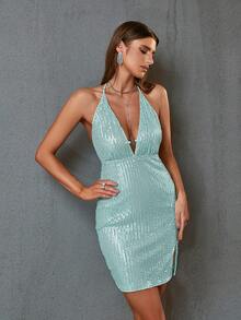 D&M 深V領露背下擺開叉亮片掛脖洋裝 - 薄荷綠 - 查看 5