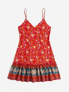 SHEIN VCAY 印花荷葉邊吊帶連衣裙 - 彩色 - 查看 3