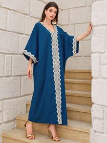 Al Najma Contrast Lace Batwing Sleeve Kaftan - Navy Blue - View 3