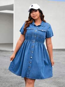 SHEIN EZwear Đầm Denim kích thước lớn Túi Nút phía trước màu trơn Giải trí - Rửa trung bình - Xem 1