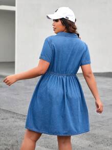 SHEIN EZwear Đầm Denim kích thước lớn Túi Nút phía trước màu trơn Giải trí - Rửa trung bình - Xem 2