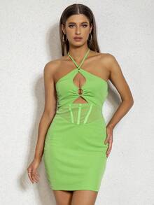 D&M Đầm Lộ Lưng Tương phản Mesh Cắt ra Buộc lại màu trơn Gợi cảm - màu xanh lá - Xem 4