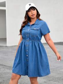 SHEIN EZwear Đầm Denim kích thước lớn Túi Nút phía trước màu trơn Giải trí - Rửa trung bình - Xem 3