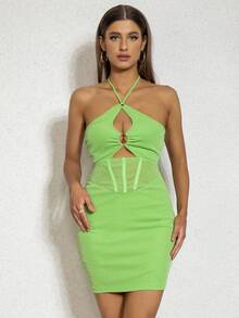 D&M Đầm Lộ Lưng Tương phản Mesh Cắt ra Buộc lại màu trơn Gợi cảm - màu xanh lá - Xem 5
