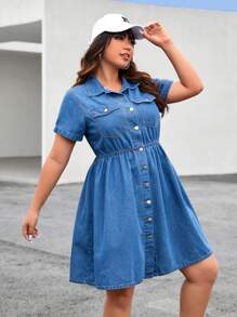 SHEIN EZwear Đầm Denim kích thước lớn Túi Nút phía trước màu trơn Giải trí - Rửa trung bình - Xem 4