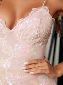 D&M 开衩亮片吊带连衣裙，优雅正式晚宴舞会婚礼宾客礼服，毕业典礼、晚宴派对春季礼服 - 杏色 - 查看 4