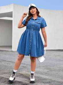 SHEIN EZwear Đầm Denim kích thước lớn Túi Nút phía trước màu trơn Giải trí - Rửa trung bình - Xem 5