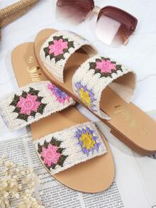 抽象圖案一腳蹬平底涼鞋 - 米色 - 查看 3