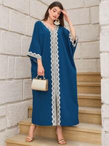 Al Najma Contrast Lace Batwing Sleeve Kaftan - Navy Blue - View 4