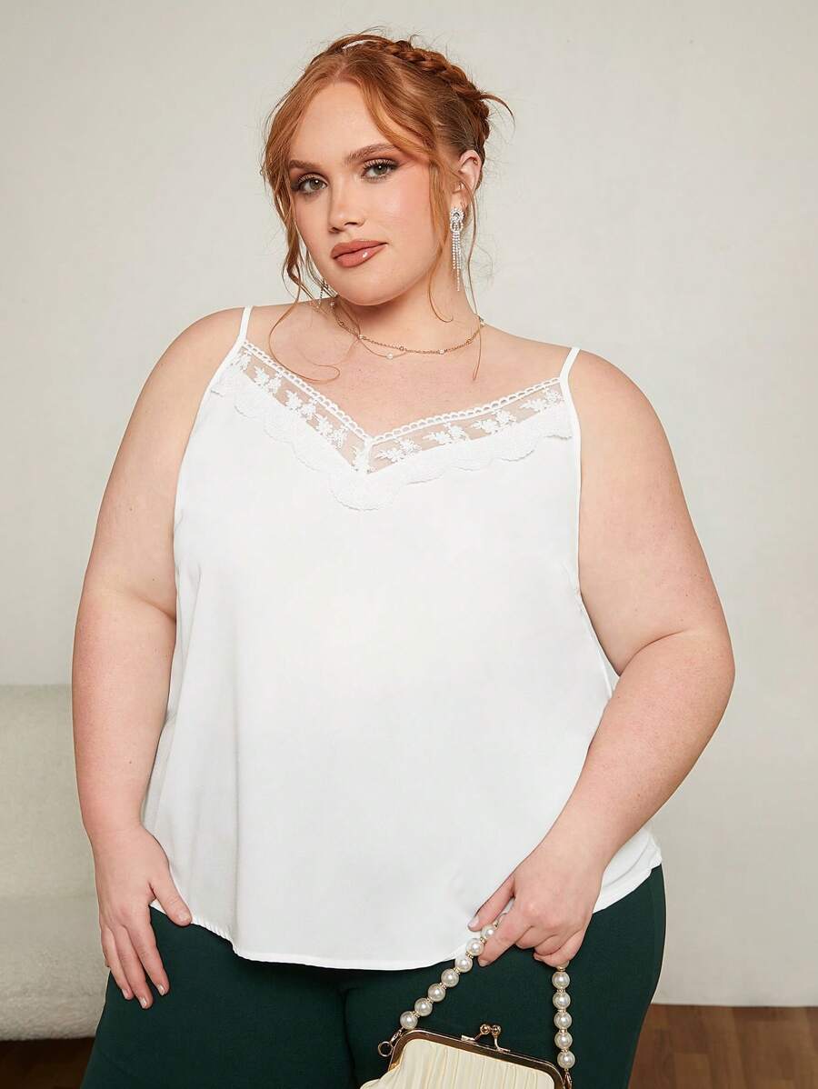 SHEIN CURVE+ 大碼網紗刺繡邊緣吊帶上衣 - 白色 - 查看 1