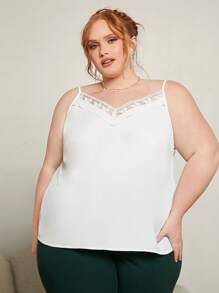 SHEIN CURVE+ 大碼網紗刺繡邊緣吊帶上衣 - 白色 - 查看 6