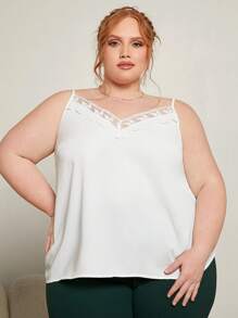 SHEIN CURVE+ 大碼網紗刺繡邊緣吊帶上衣 - 白色 - 查看 4