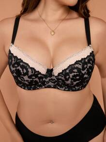 Plus Floral Lace Underwire Bra - Black - View 1