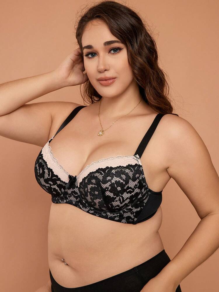 Plus Floral Lace Underwire Bra - Black - View 3