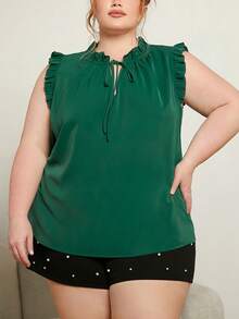 SHEIN CURVE+ Áo sơ mi Plus Size viền lá sen Thắt nơ trước màu trơn Giải trí - Màu xanh lá cây đậm - Xem 6