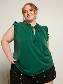 SHEIN CURVE+ Áo sơ mi Plus Size viền lá sen Thắt nơ trước màu trơn Giải trí - Màu xanh lá cây đậm - Xem 4