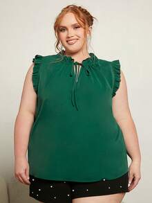 SHEIN CURVE+ Áo sơ mi Plus Size viền lá sen Thắt nơ trước màu trơn Giải trí - Màu xanh lá cây đậm - Xem 5