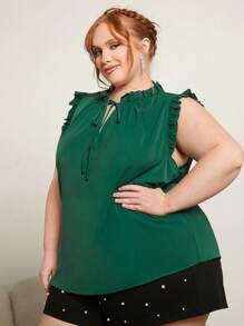 SHEIN CURVE+ Áo sơ mi Plus Size viền lá sen Thắt nơ trước màu trơn Giải trí - Màu xanh lá cây đậm - Xem 1