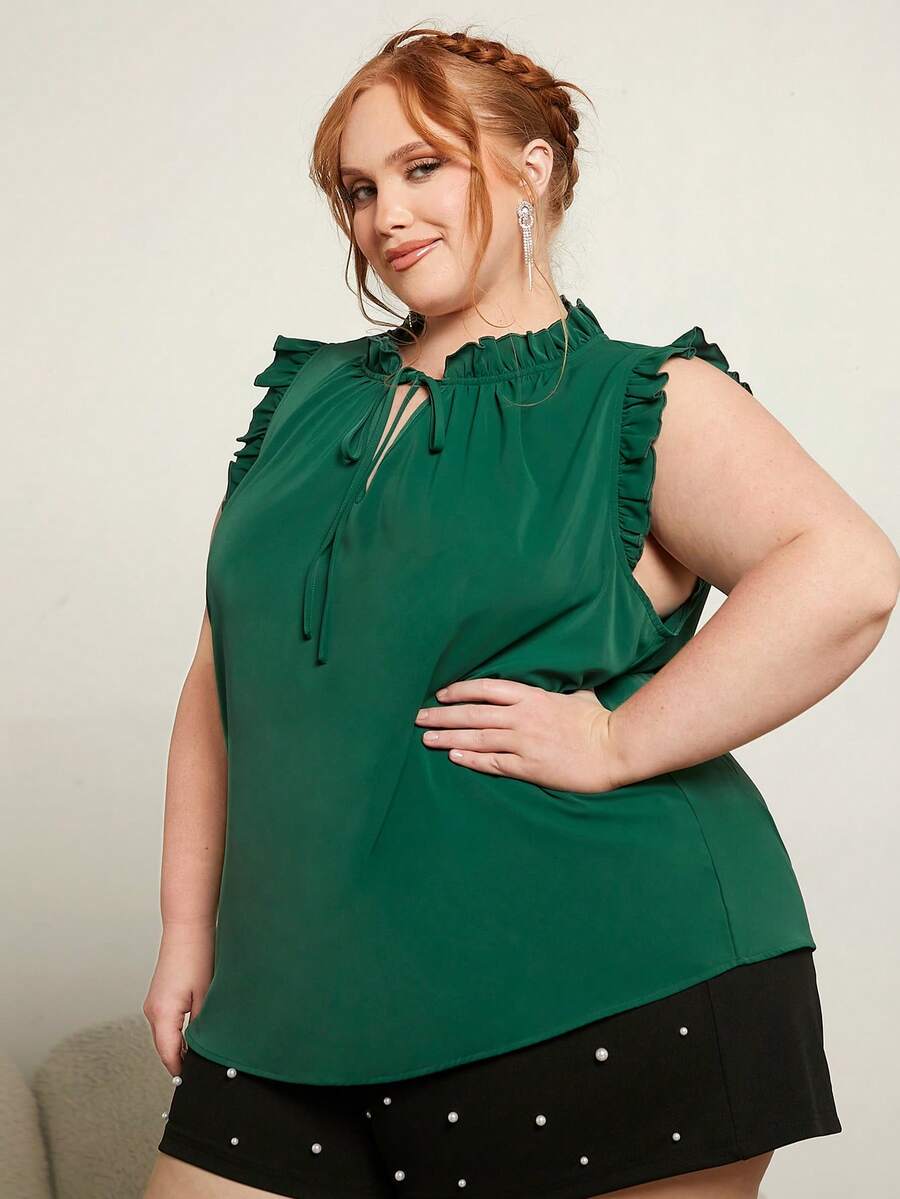 SHEIN CURVE+ Áo sơ mi Plus Size viền lá sen Thắt nơ trước màu trơn Giải trí - Màu xanh lá cây đậm - Xem 1