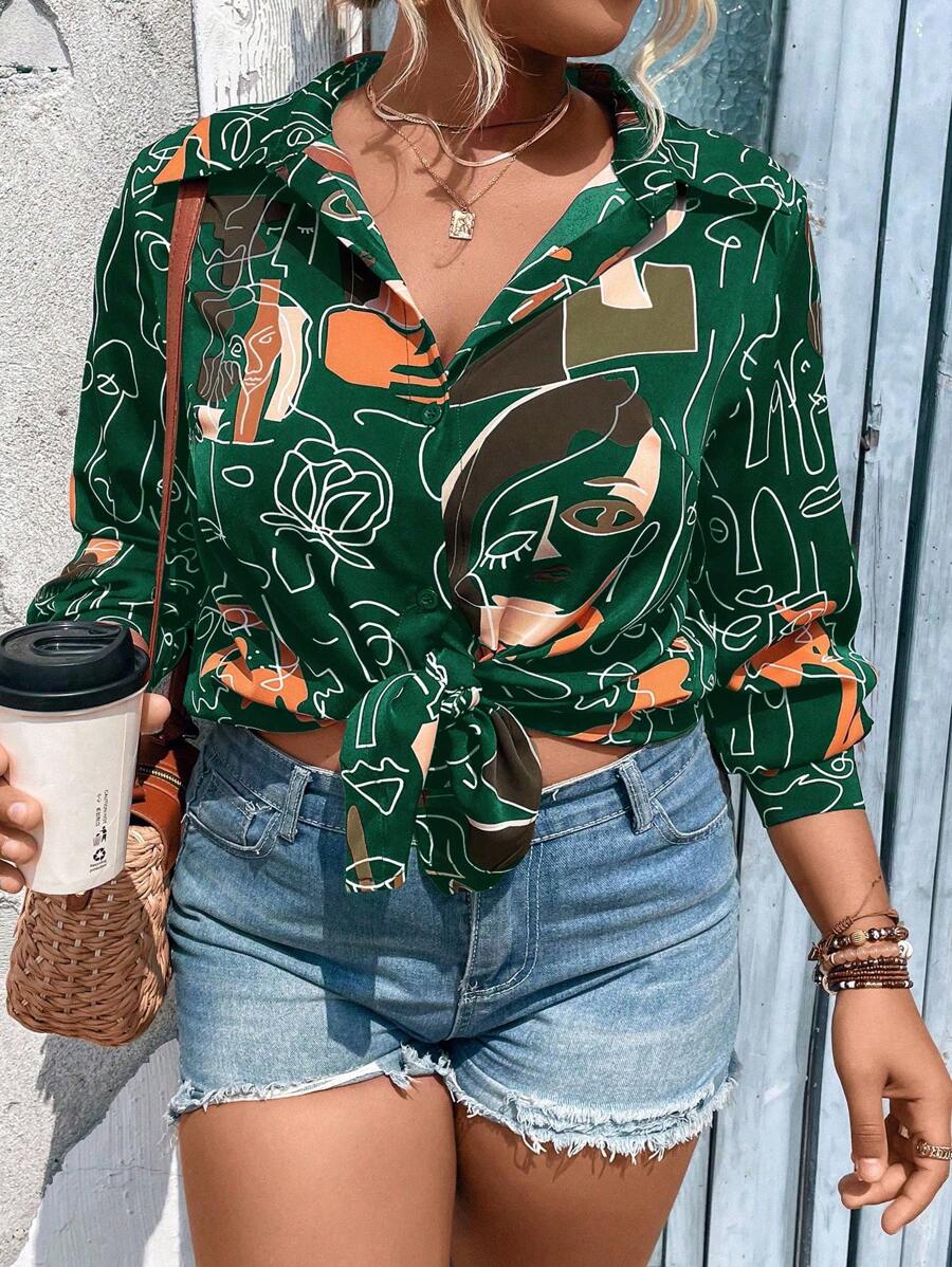 Calvaya Plus Abstract Figure Button Front Shirt - Dark Green - View 1