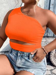 Breezaya 大碼單肩鏤空側收褶短款上衣 - 橘色 - 查看 4