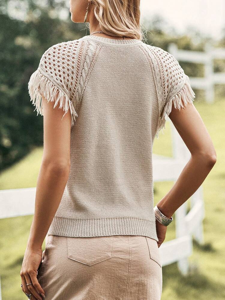 SHEIN LUNE Fringe Trim Raglan Sleeve Knit Top - Apricot - View 2