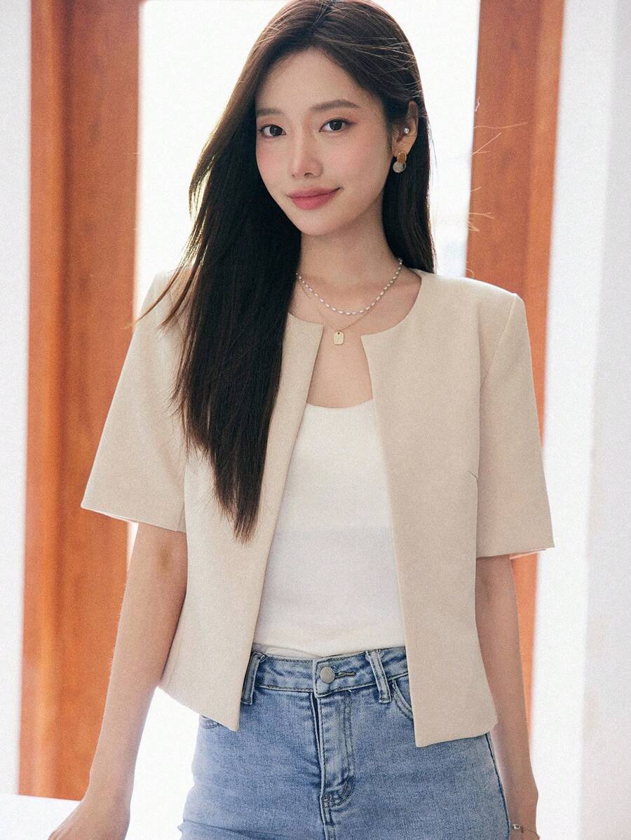 DAZY 纯色短袖西装外套，商务休闲风格，秋季 - 卡其色 - 查看 1